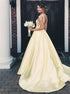 V Neck Yellow Satin A Line Open Back Prom Dresses LBQ0826